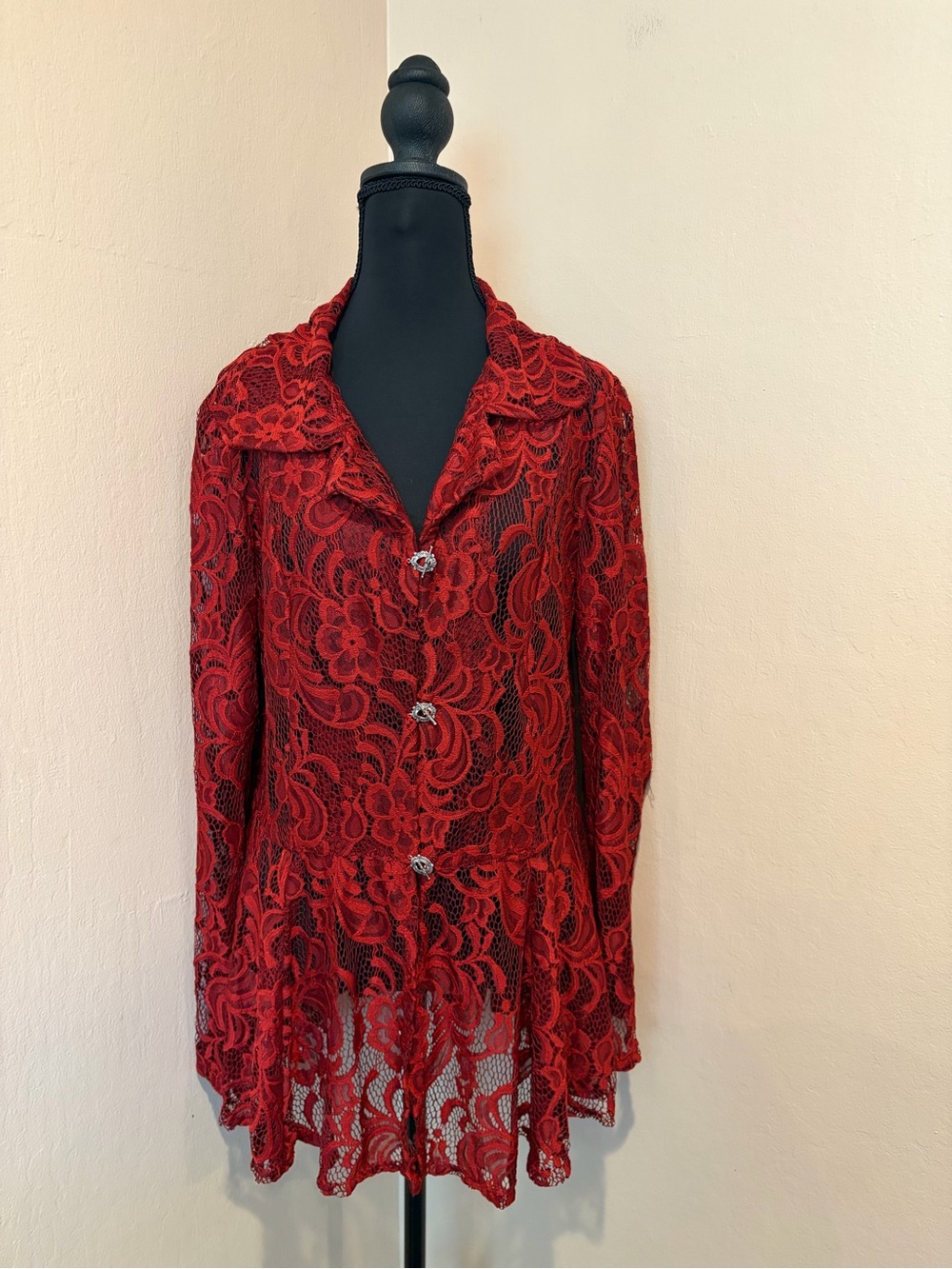 Deep Red Lace Long Sleeve Peplum Blouse, w/ Toggle Buttons and Collar, Upcycled